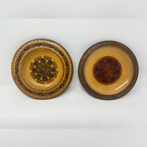 Polish Folk Art Carved Wood Plates Wall Decor Set of 2 Handpainted Vintage